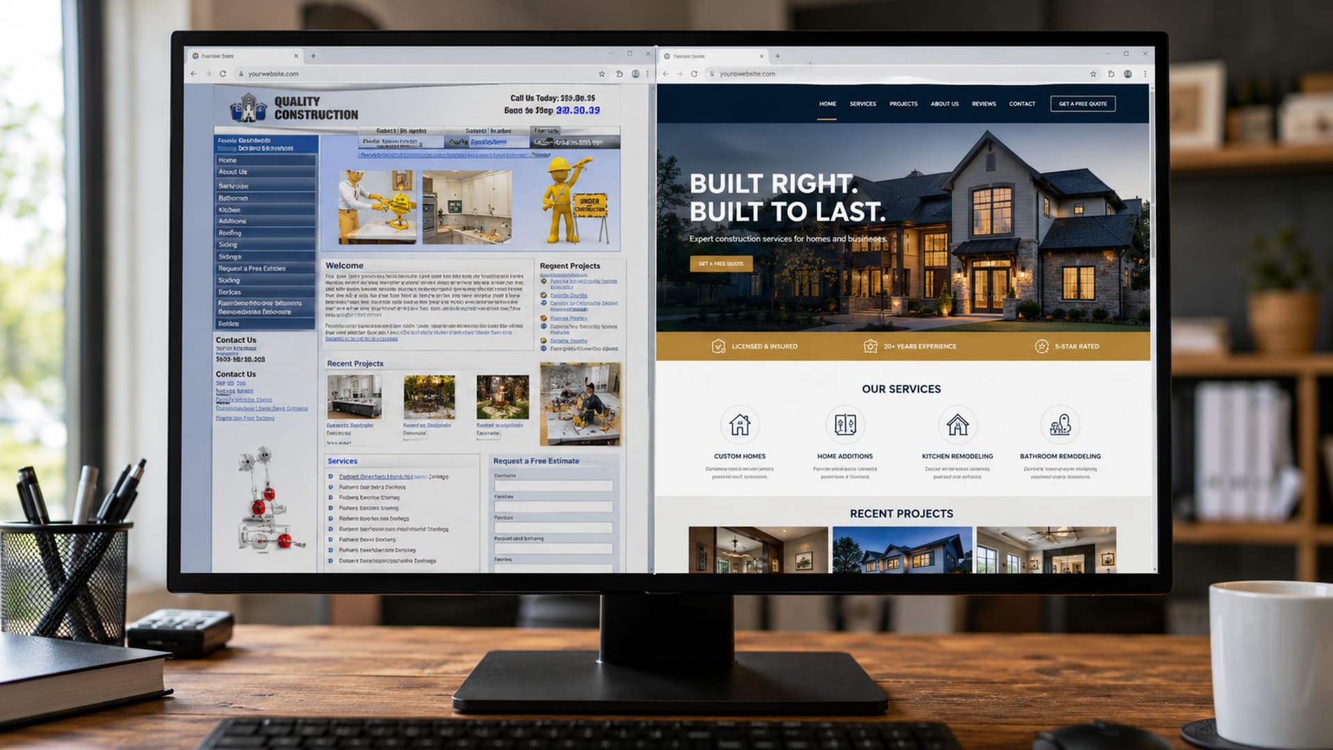 Contractor website before and after comparison showing mobile and desktop views